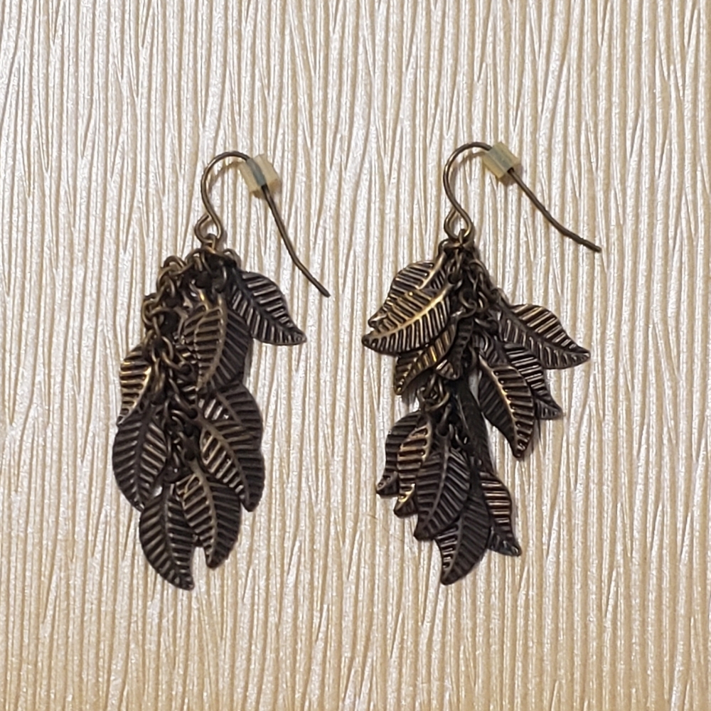 Leaf Carved Pewter Earrings Etched Style Dangle Hook Textured
